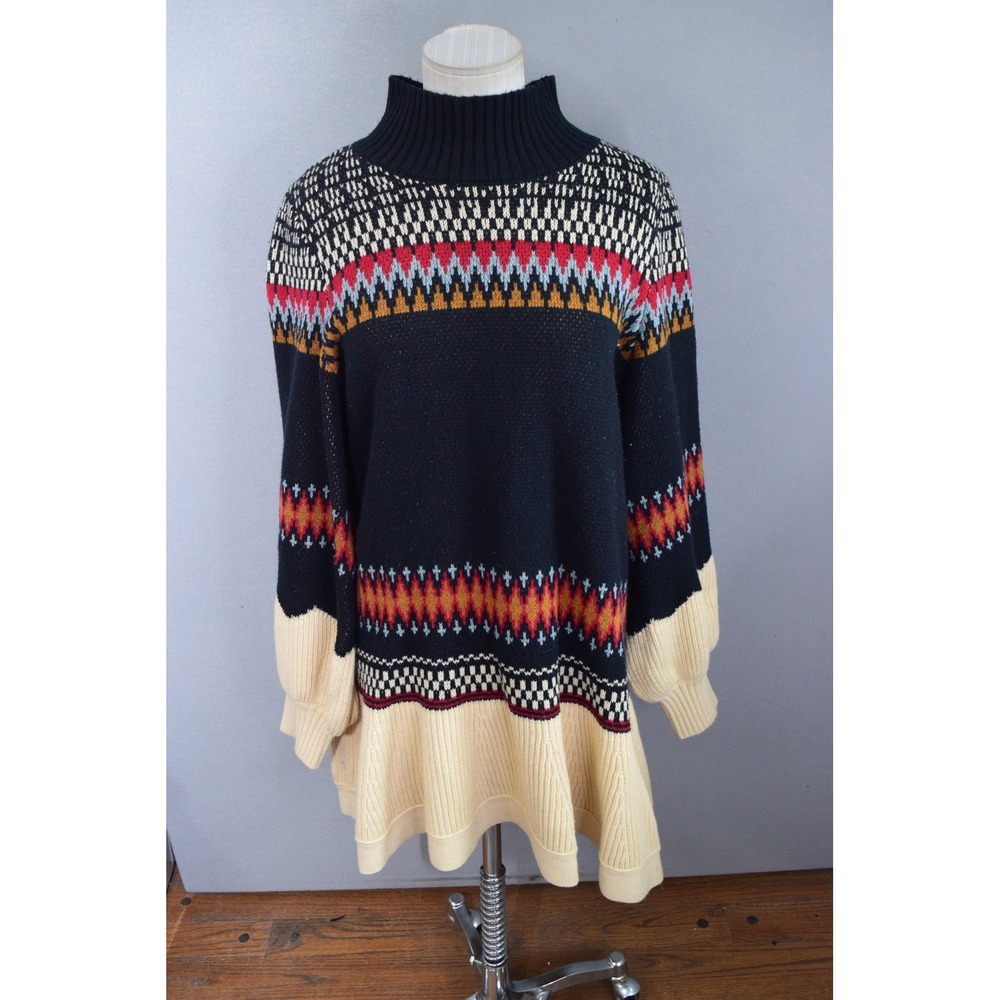 By Anthropologie Bubble-Sleeve Turtleneck Sweater Dress M Black Fair Isle Womens